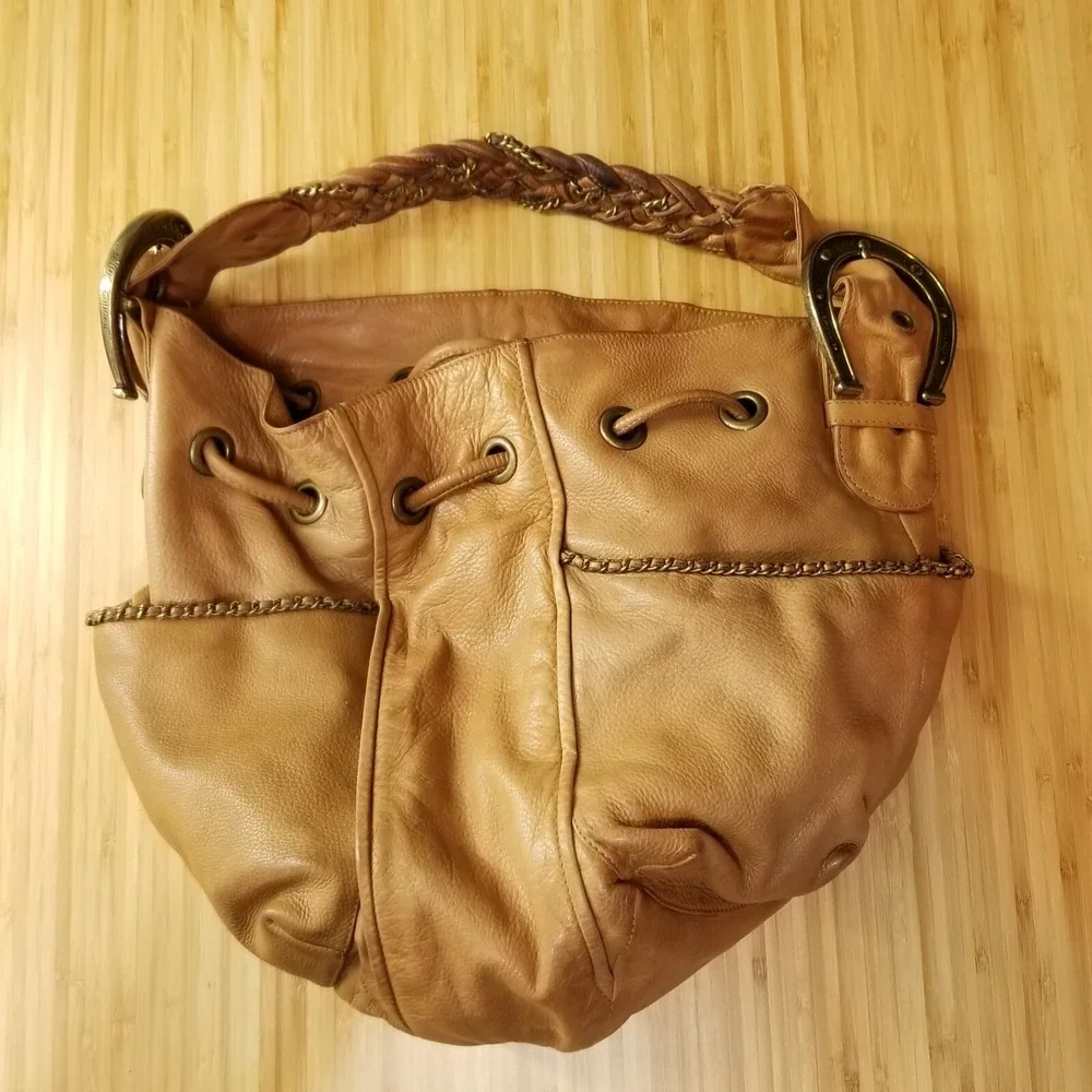 Vtg Betsey Johnson Leather Horseshoe‎ Bucket Bag Brown Y2K Western Cowgirl Hobo